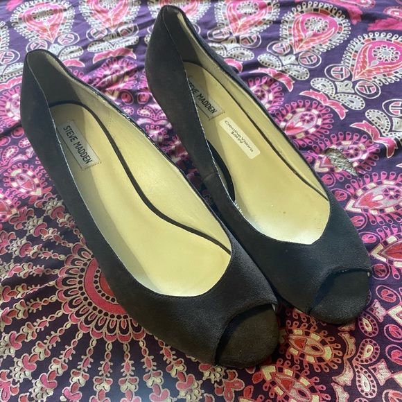 2/$20 Steve Madden Leather Suede Wedge Slip On Heels Cutout Open Toe 11M Shoes - Picture 3 of 11